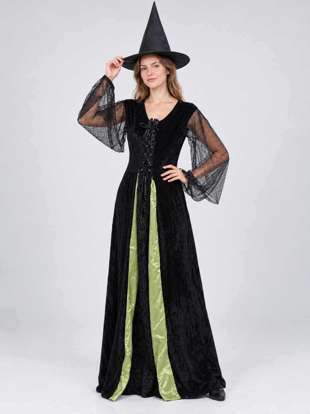 Witch Costume: Black Dress with Green Insert and Hat