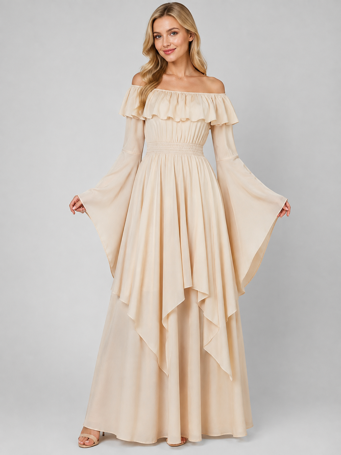 A-Line Dress with Ruffles and Off-the-Shoulder Design