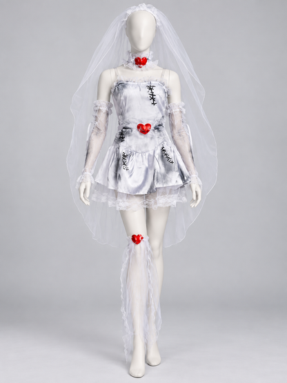 Bride Carnival Costume: White Mini Dress, Veil, Hearts
