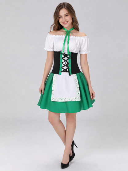 The dress is designed in a combination of white, green, and black. The silhouette emphasizes the waist and features a flared skirt. The design is finished with voluminous white short sleeves, a green tie collar, and green polka-dot trim. Th