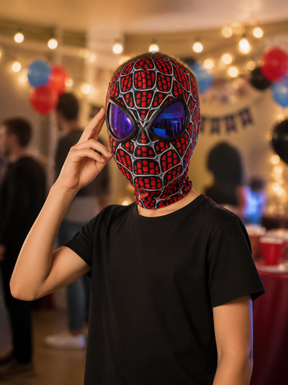Red and Blue Carnival Mask with Spiderweb Pattern Costume Masks detail
