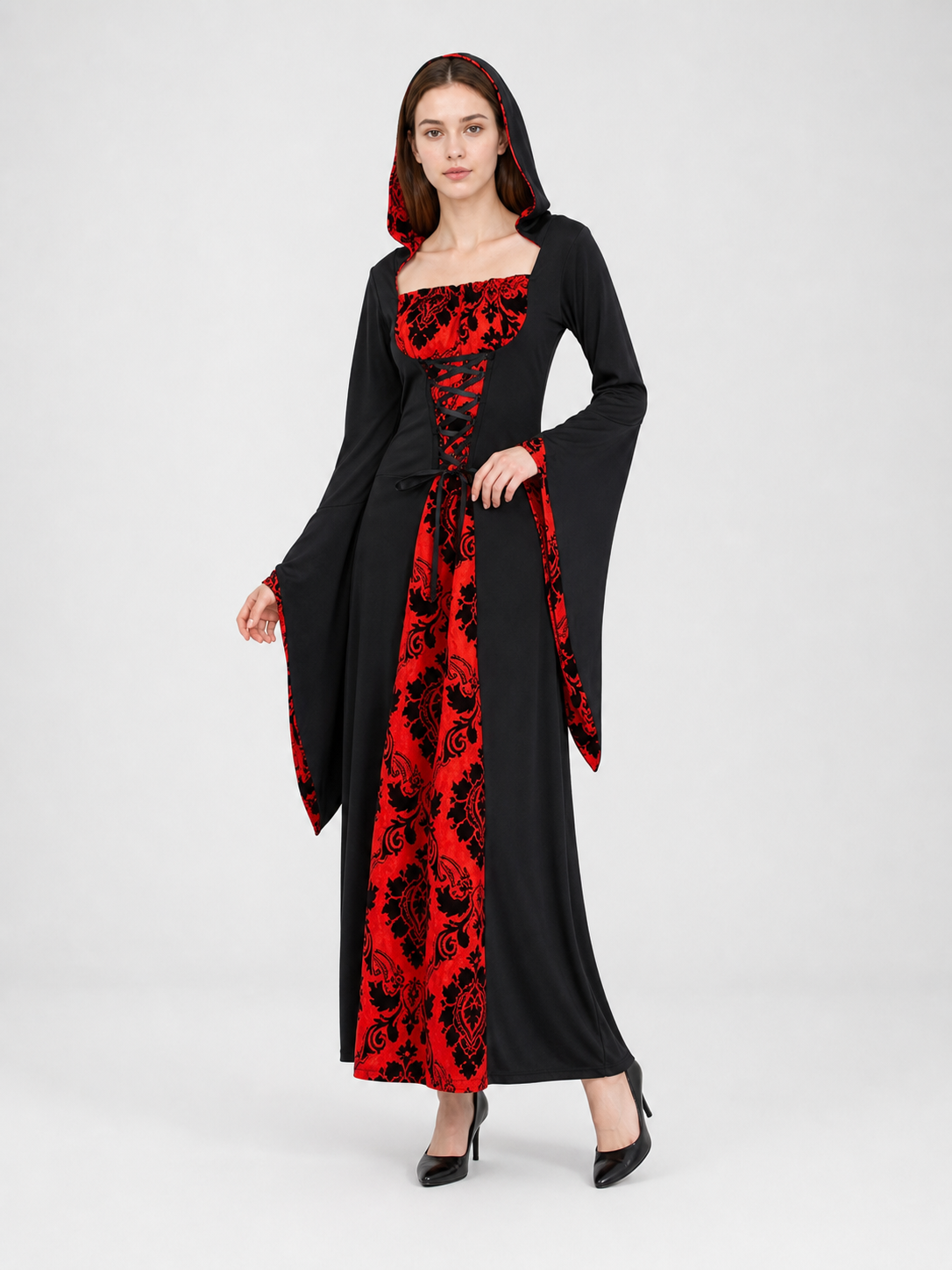 Gothic Hooded Dress with Red Pattern