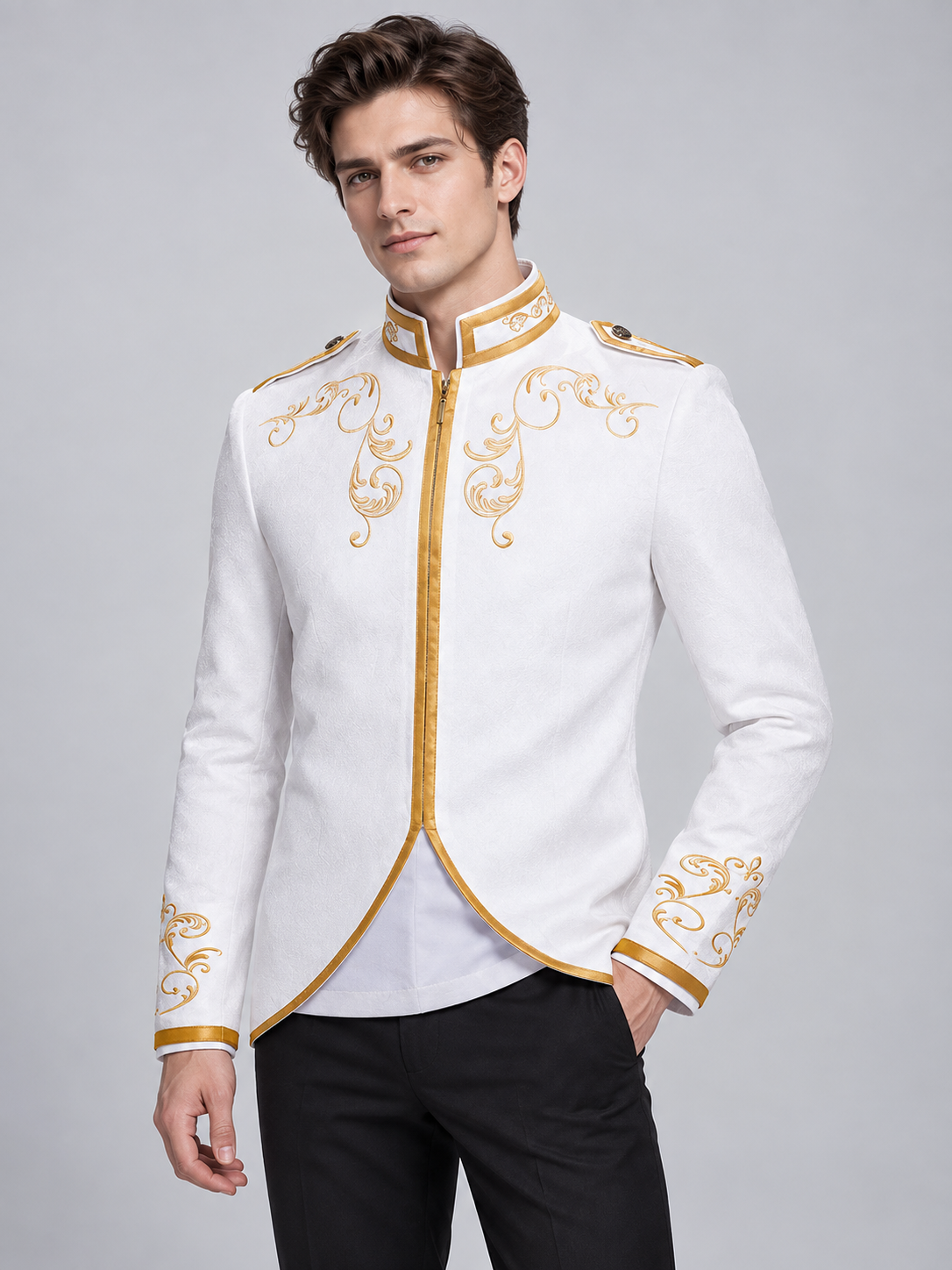 Vampire Halloween Costume: White Jacket with Gold Embroidery