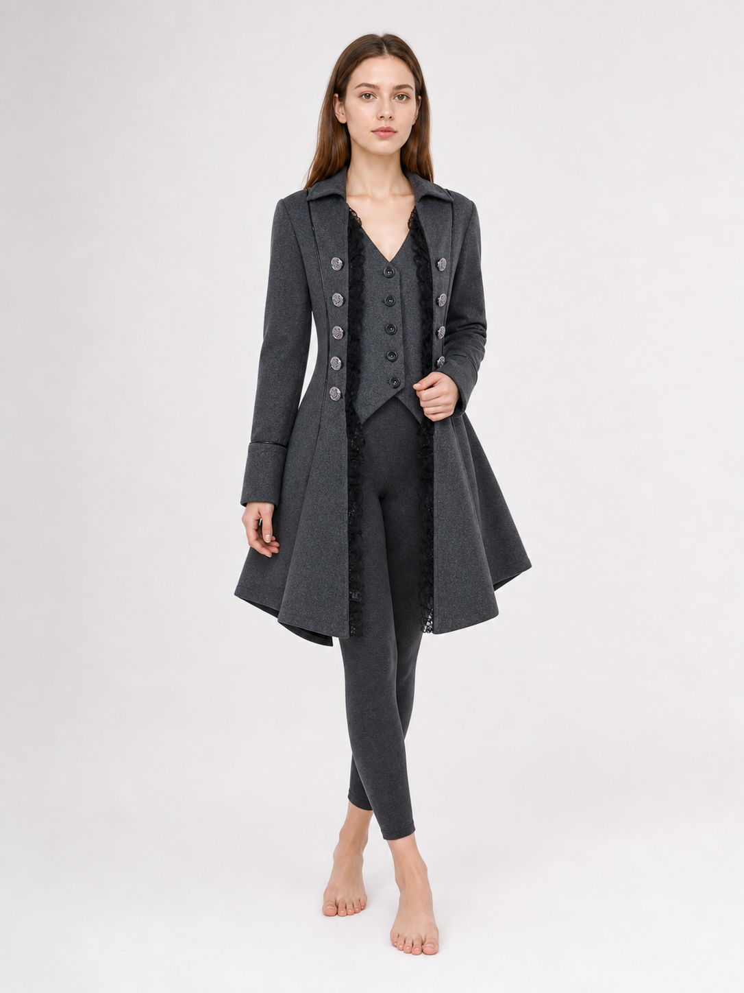 Long Gothic-Style Coat with Lace Trim