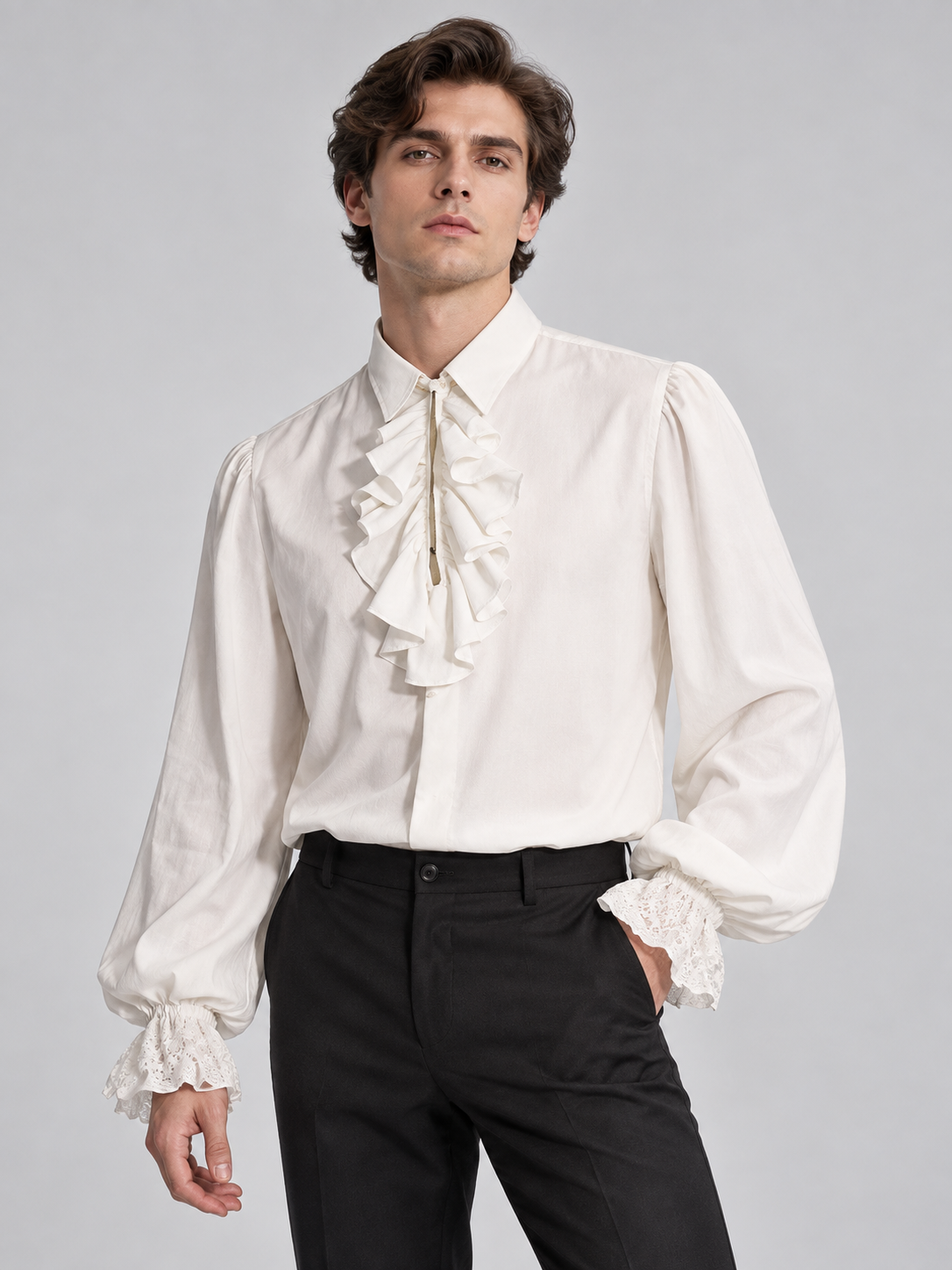 White shirt with a jabot and ruffles on the cuffs