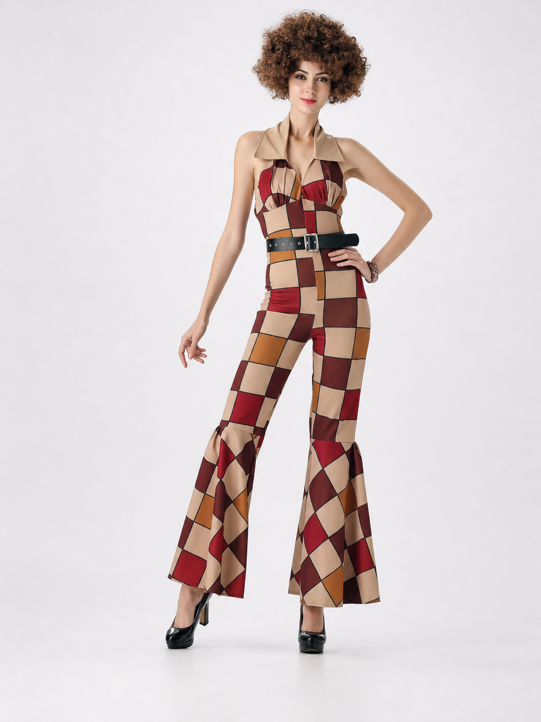 One-piece jumpsuit costume for themed looks and parties with a striking design. The model features a single silhouette that combines a top and pants. The strapless top with an open waistline is connected to high-rise pants, while the lower 