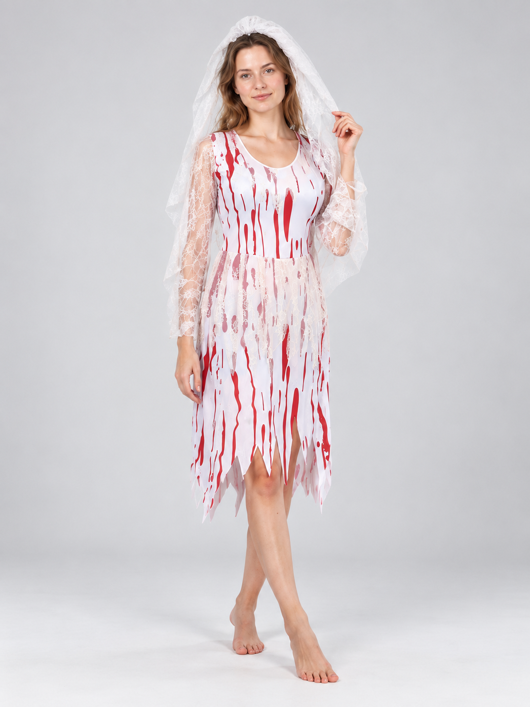 Carnival Costume with Dress, Veil, and Red Stains