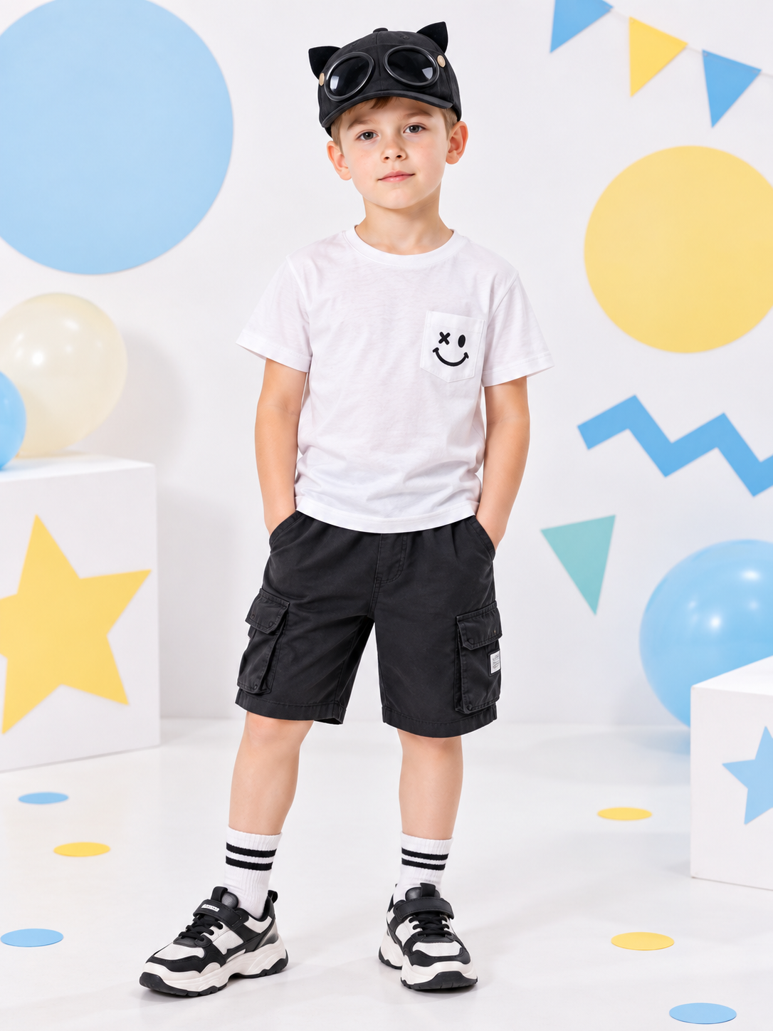 Kids Baseball Cap Black with Glasses and Studs