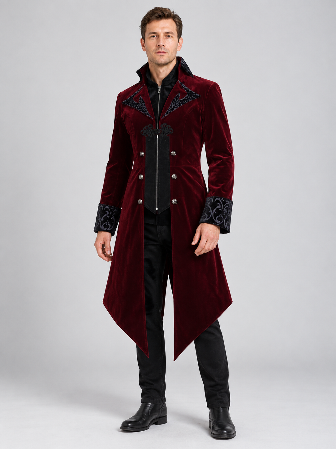 Burgundy tailcoat with a high collar and black embroidery