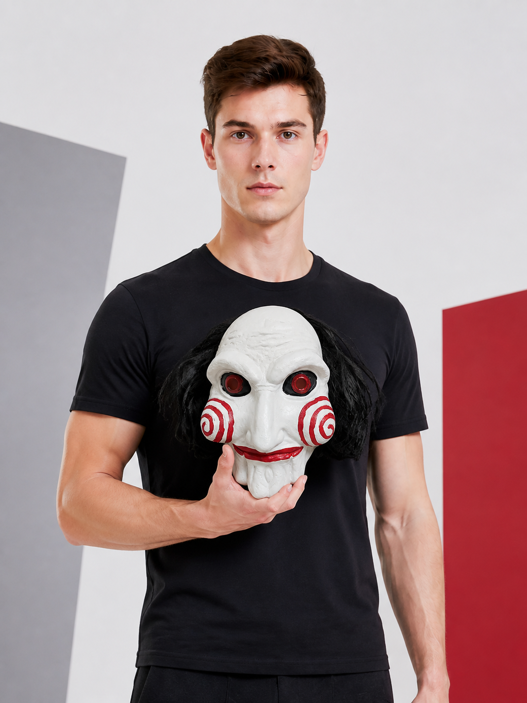 White Carnival Mask with Red Spirals for Halloween on-model front view