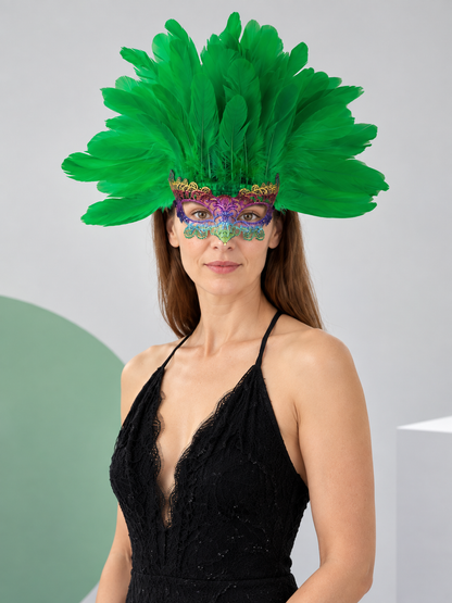 Carnival feather headpiece with mask, green