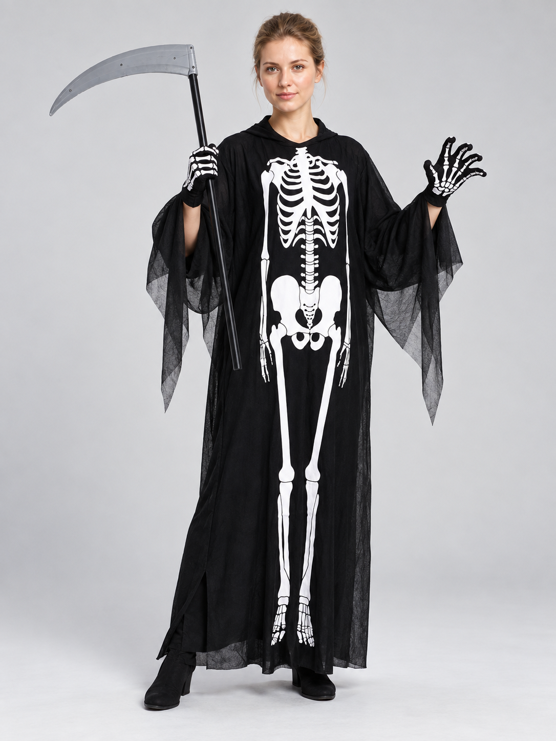 Skeleton Halloween Costume with Mask, Scythe, and Gloves