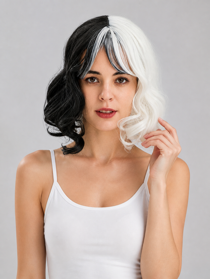 Black-and-White Carnival Wig, Medium Length, Wavy Costume Wigs detail