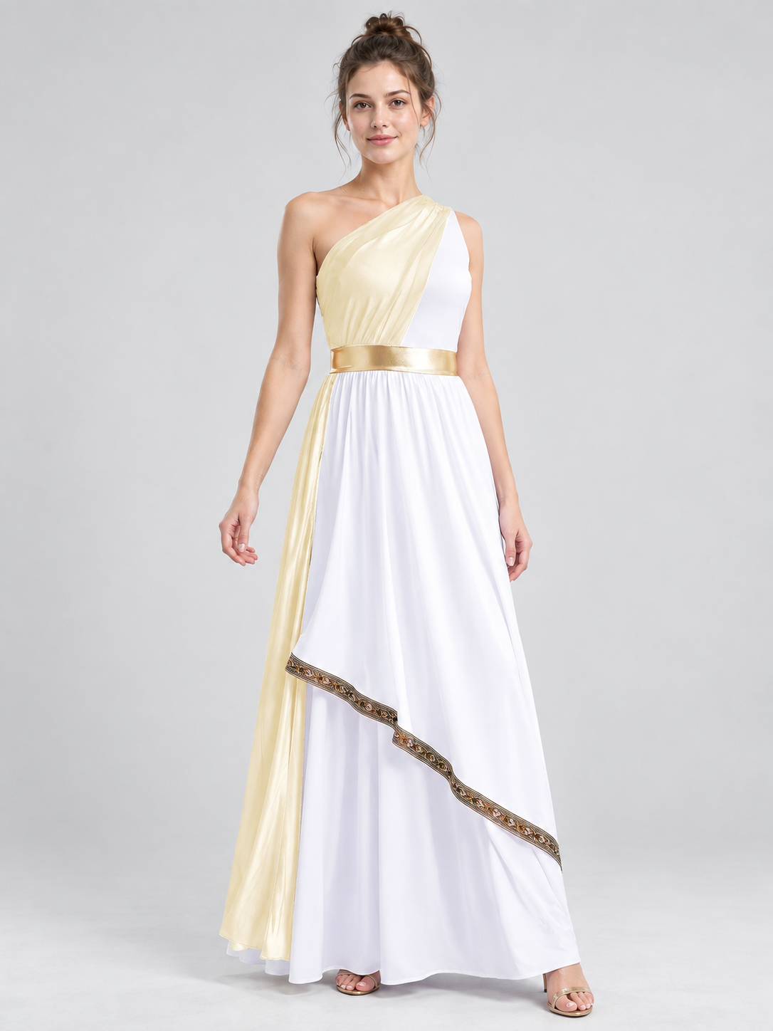 Floor-Length One-Shoulder Dress with Drapery and Belt