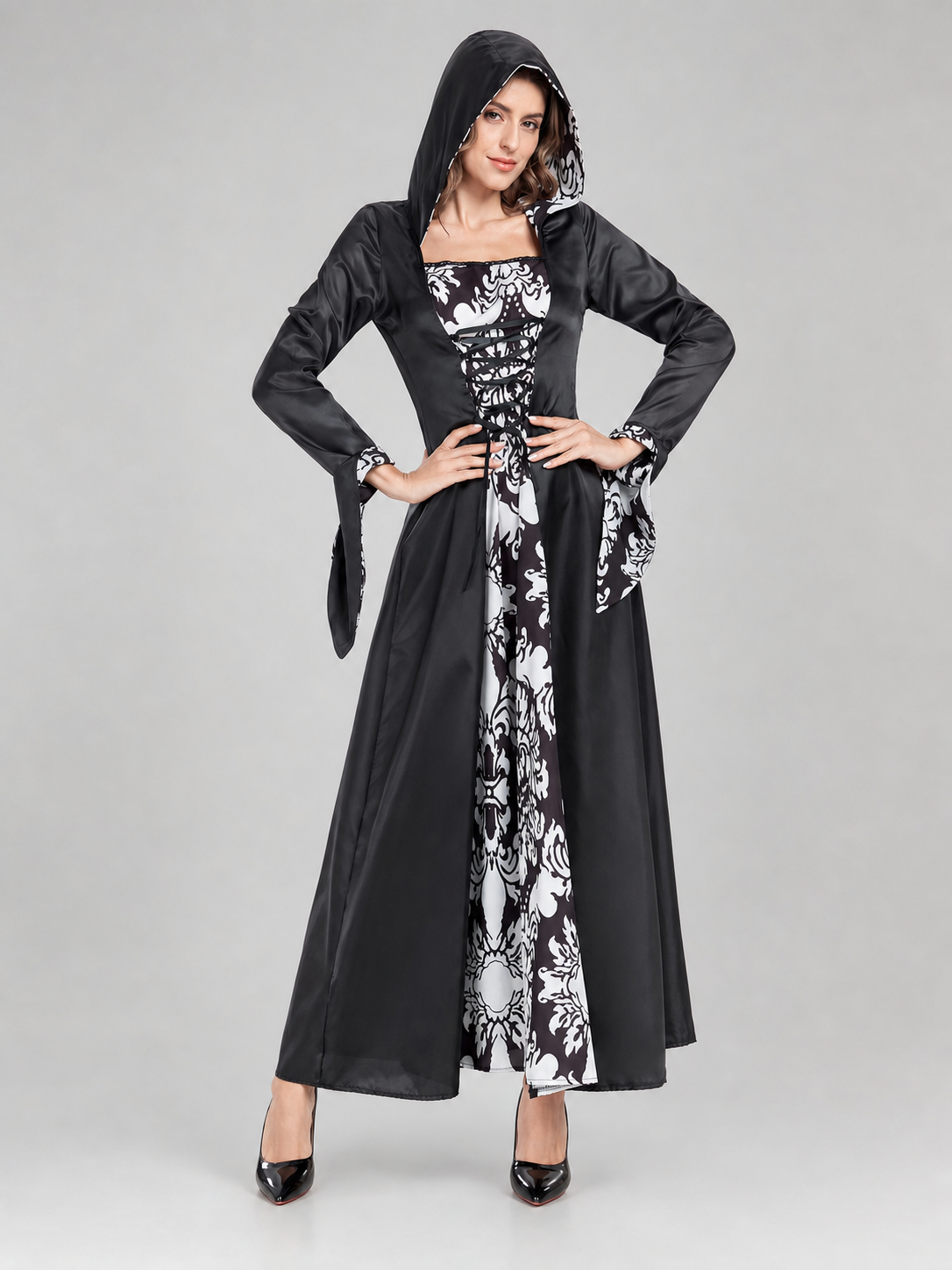 Long Gothic Hooded Dress with Lace-Up Detail