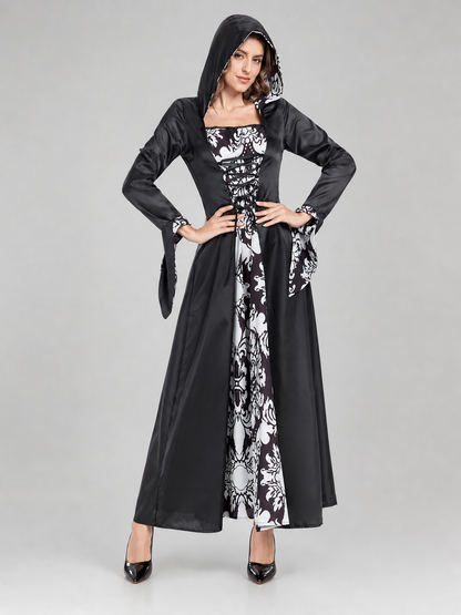 Long Gothic Hooded Dress with Lace-Up Detail