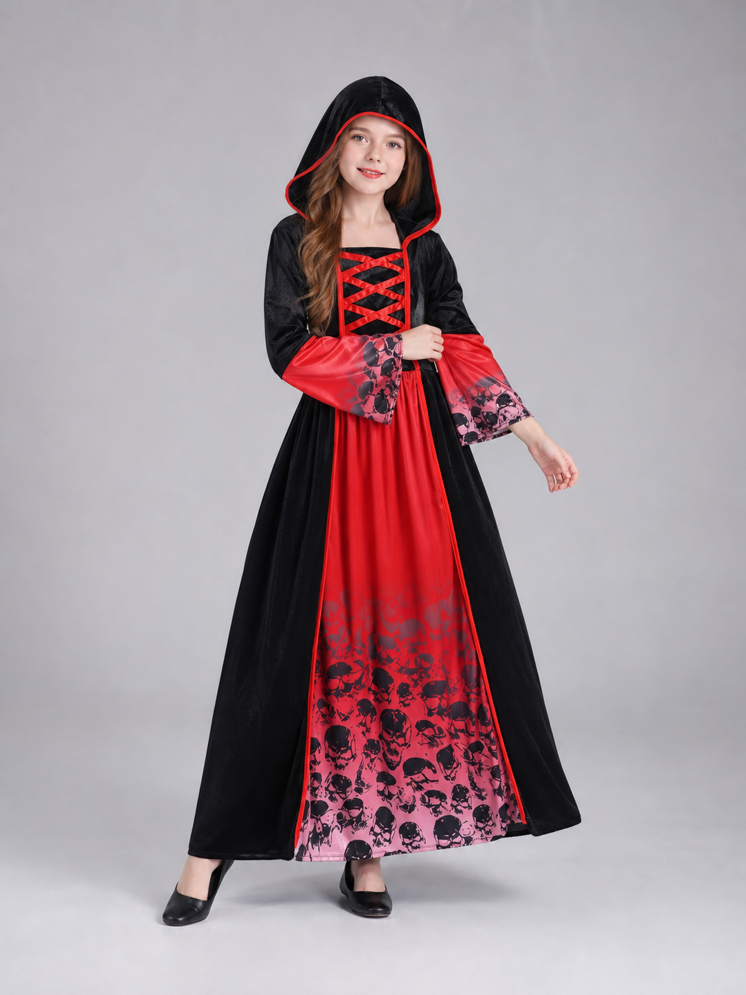 Gothic Hooded Dress with Skulls