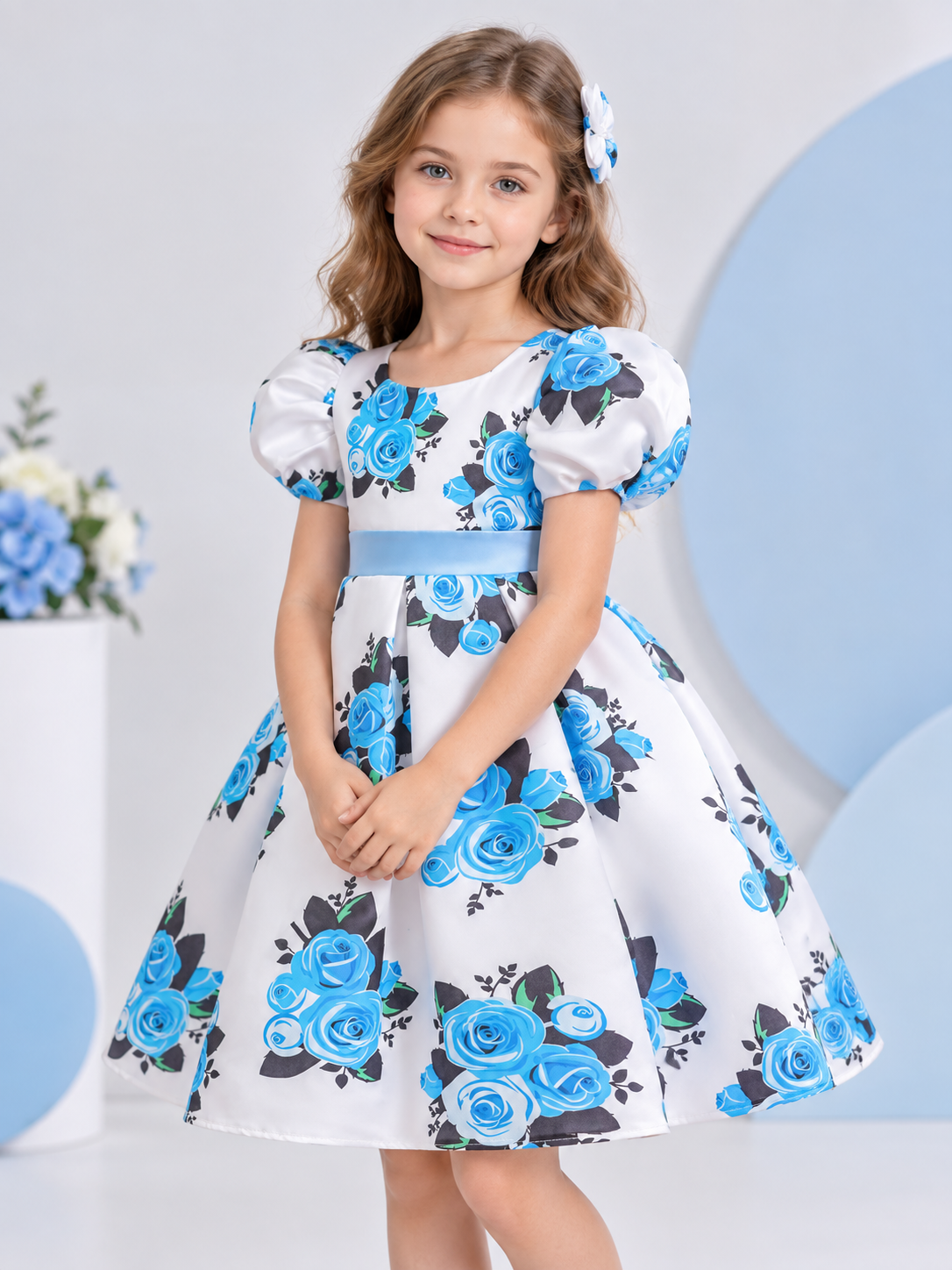 Girls' White Dressy Dress with Blue Roses and a Bow