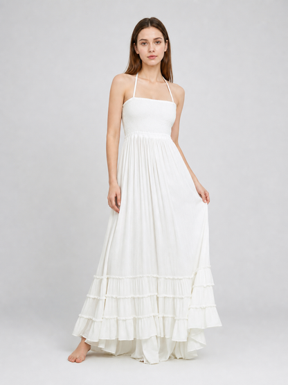 White Boho Maxi Dress with Open Back