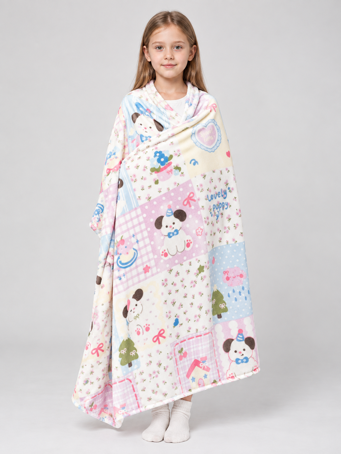 Double-Sided Blanket with Dog, Heart, and Bow Print