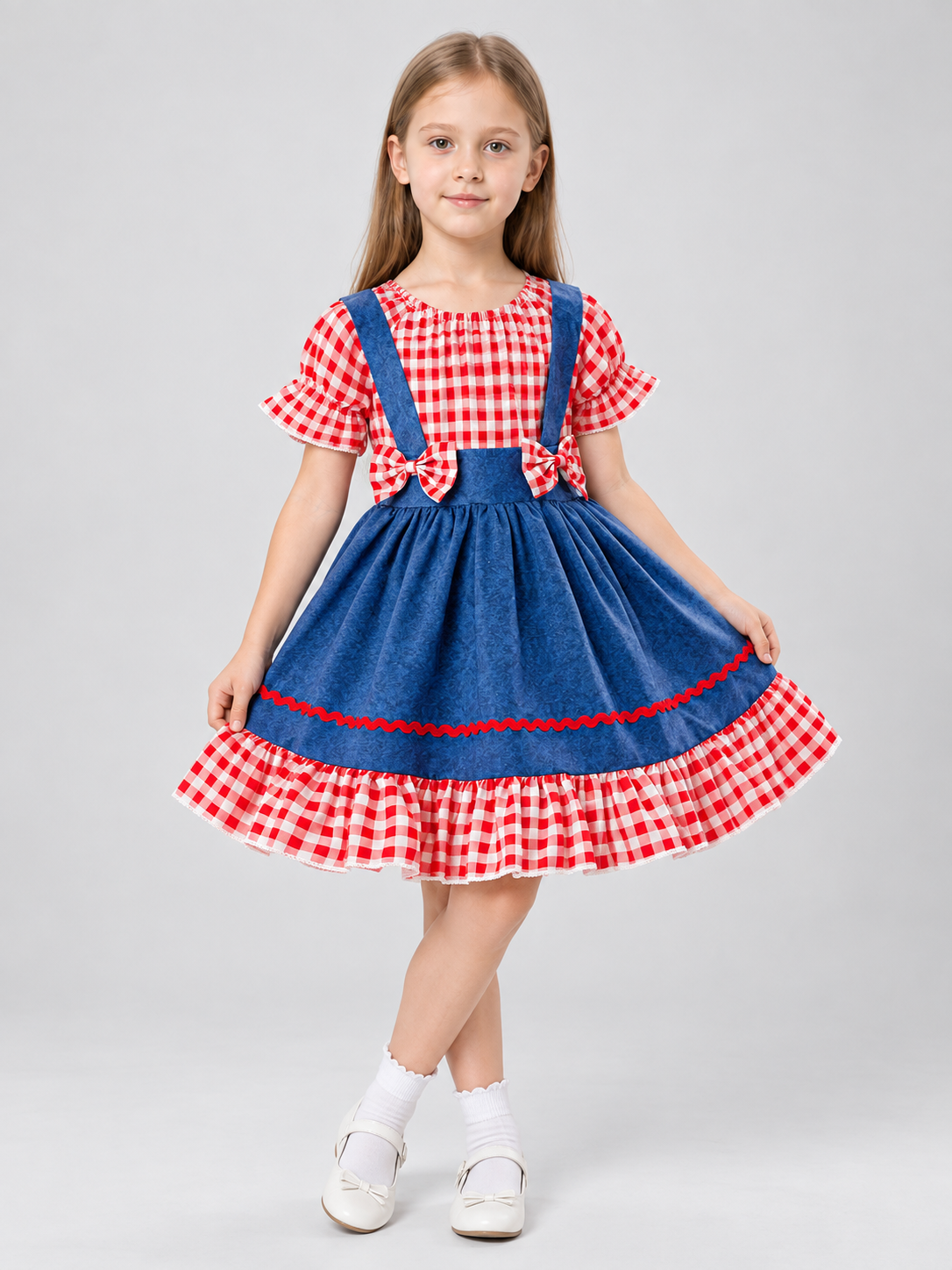 Red Plaid Girls Dress with Bows and Ruffles