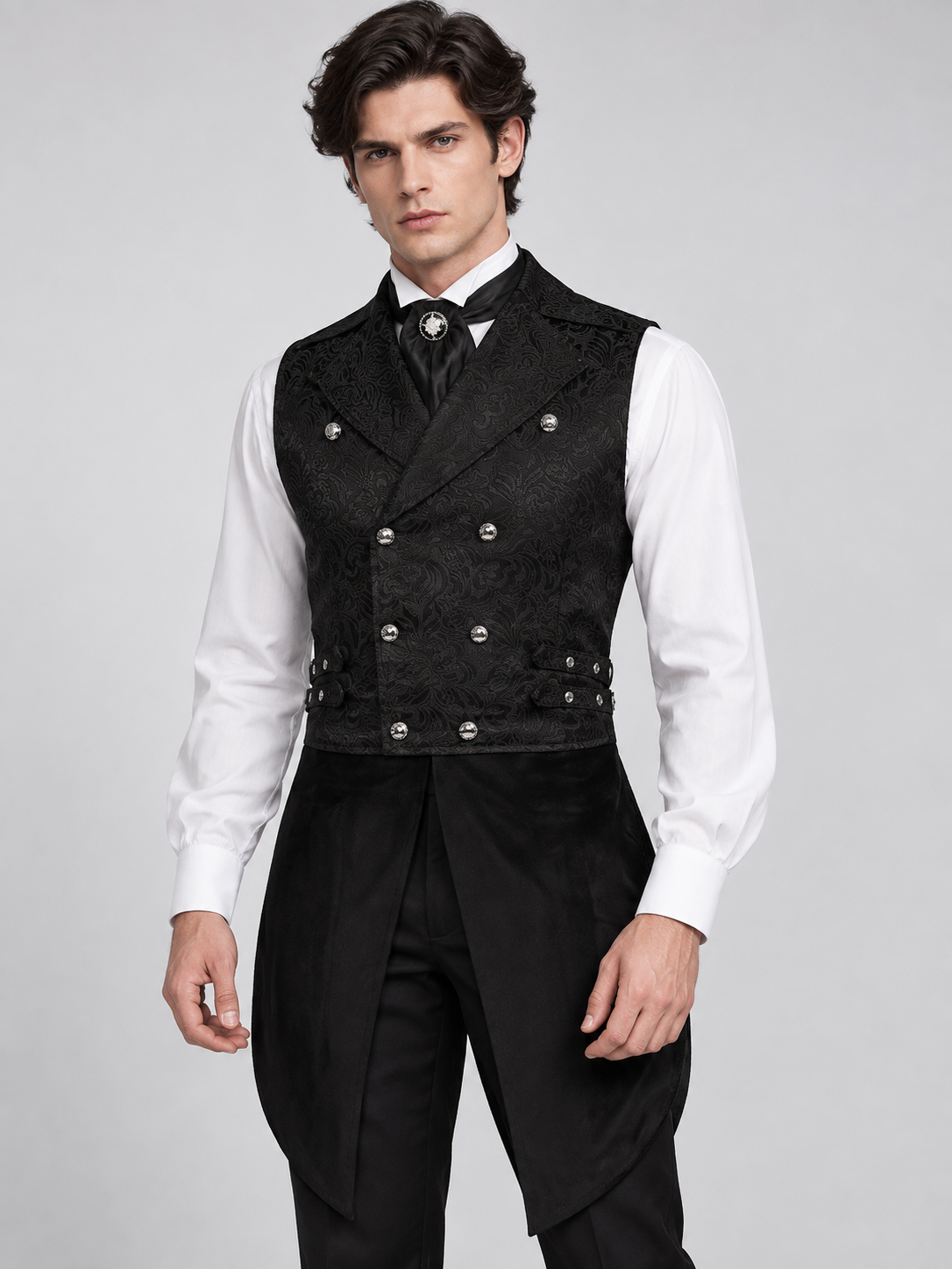 Black Double-Breasted Jacquard Pattern Vest with Tails