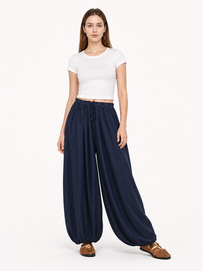 Dark Blue High-Waisted Wide-Leg Pants with Drawstring Hems