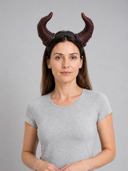 Red and black horn headband with ridged curved horns, shown in a front-facing upper-body portrait
