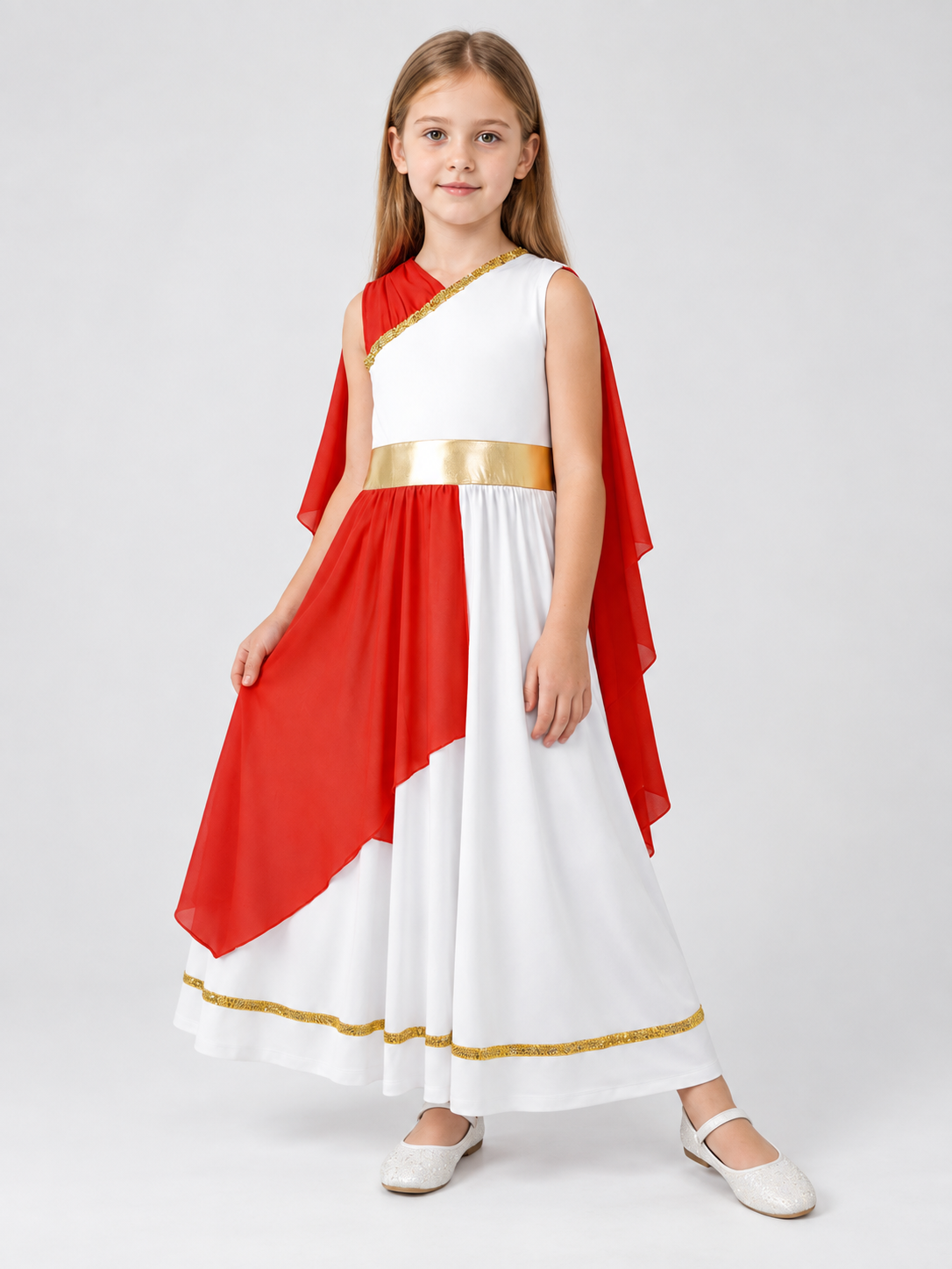 Carnival dress with a red cape and gold trim