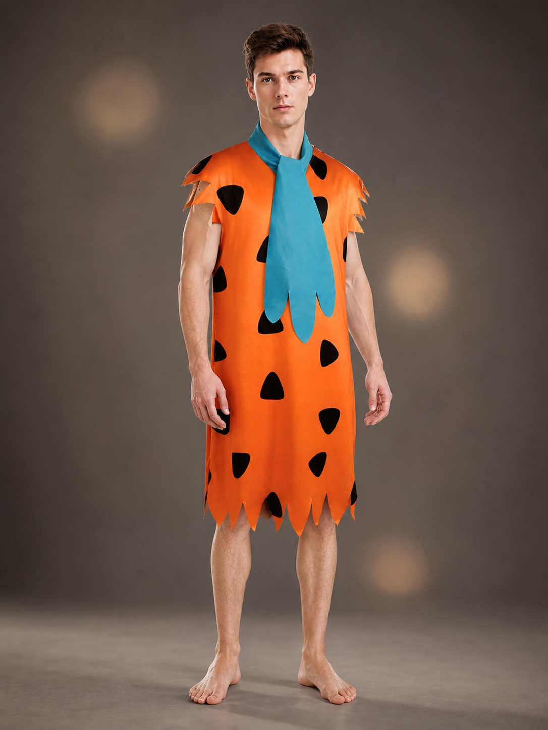 Orange Dress with Black Spots and Blue Accessory on-model front view