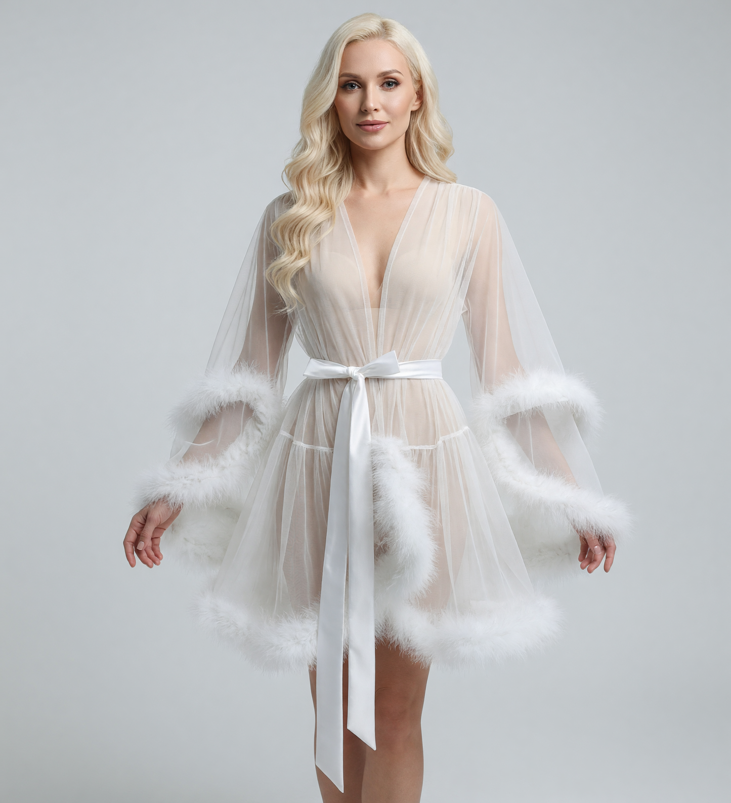 White Semi-Transparent Cape with Ties and Fluffy Trim