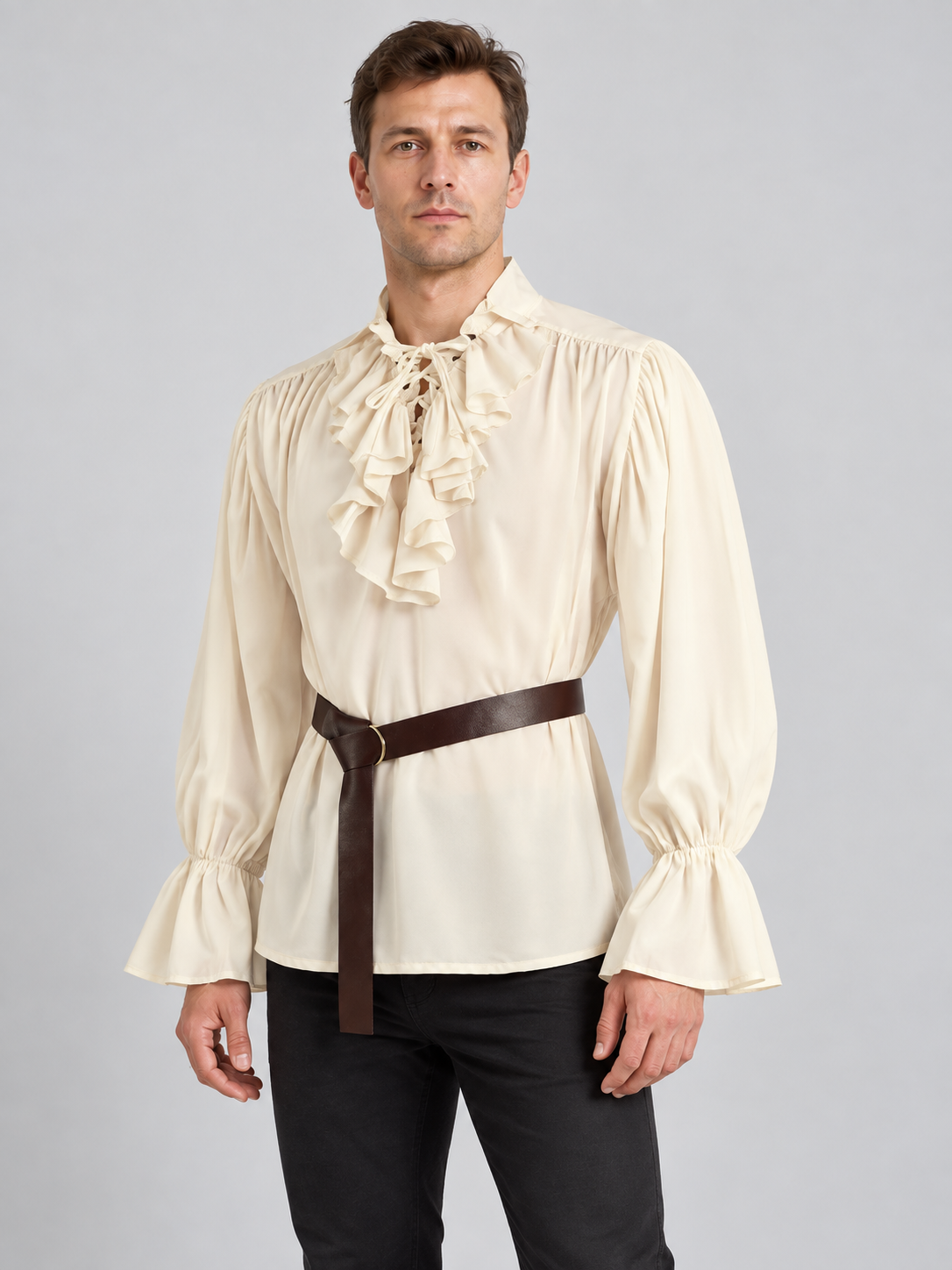 Beige shirt with a jabot, puffed sleeves, and a belt