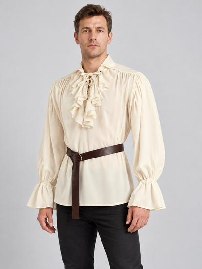 Beige shirt with a jabot, puffed sleeves, and a belt