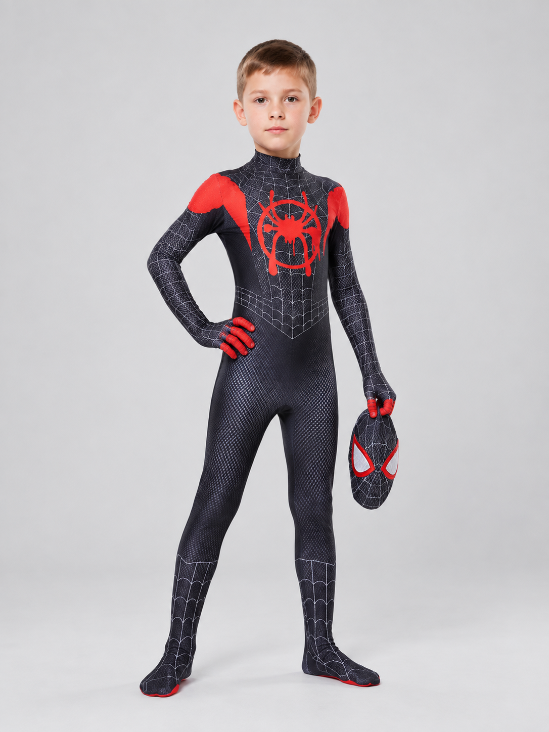 Superhero Costume Black with Red Web Pattern and Mask