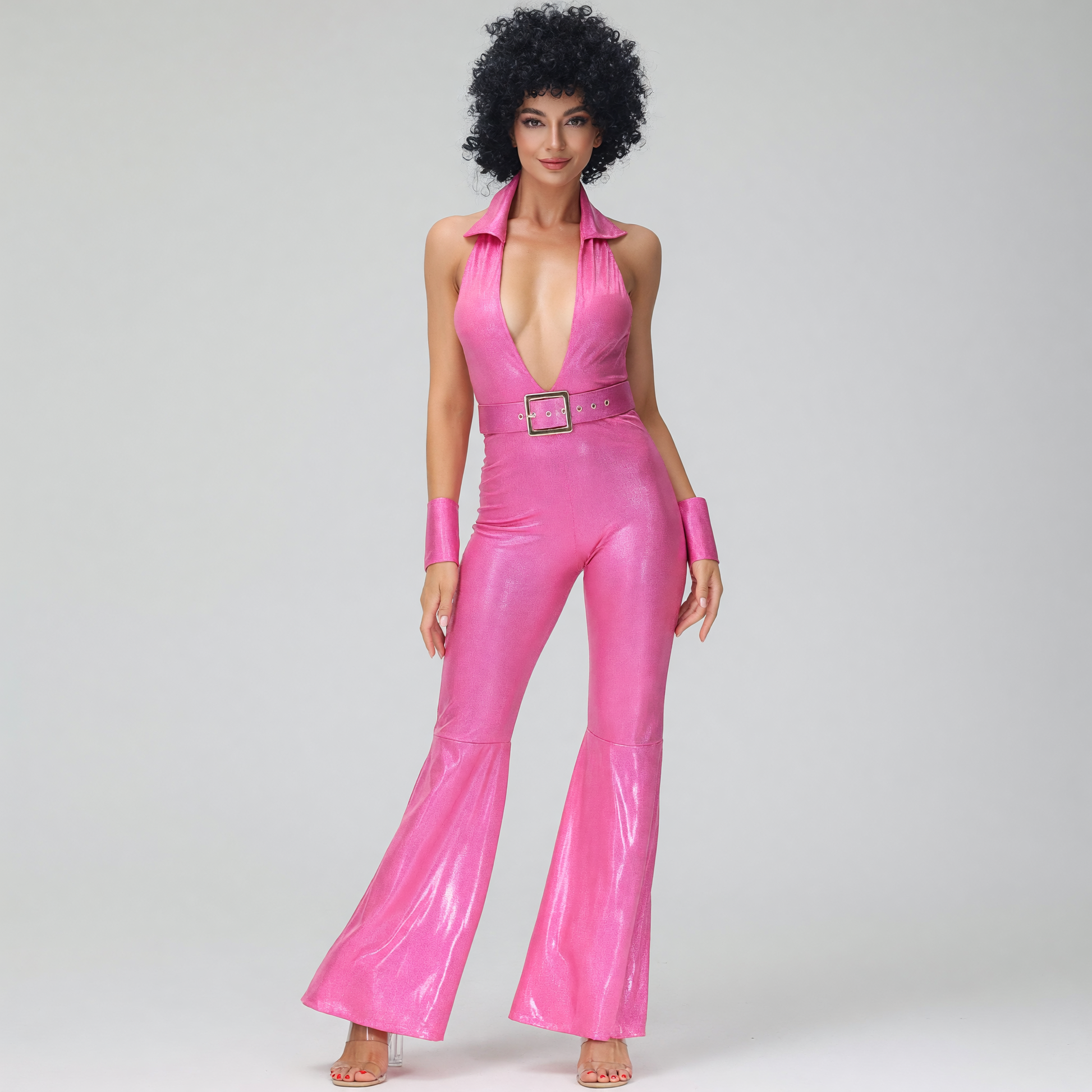 Pink 1980s-Style Flared Jumpsuit
