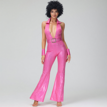 Pink 1980s-Style Flared Jumpsuit