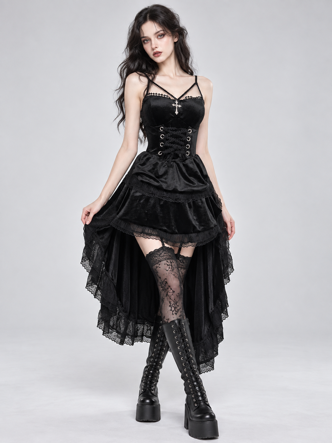 Gothic Black Velvet Dress with Lace and Lacing