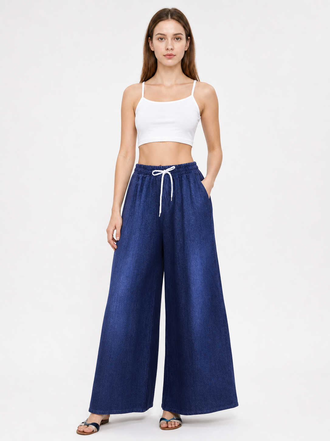Dark Blue Palazzo Pants with an Elastic Waistband and White Drawstring product detail