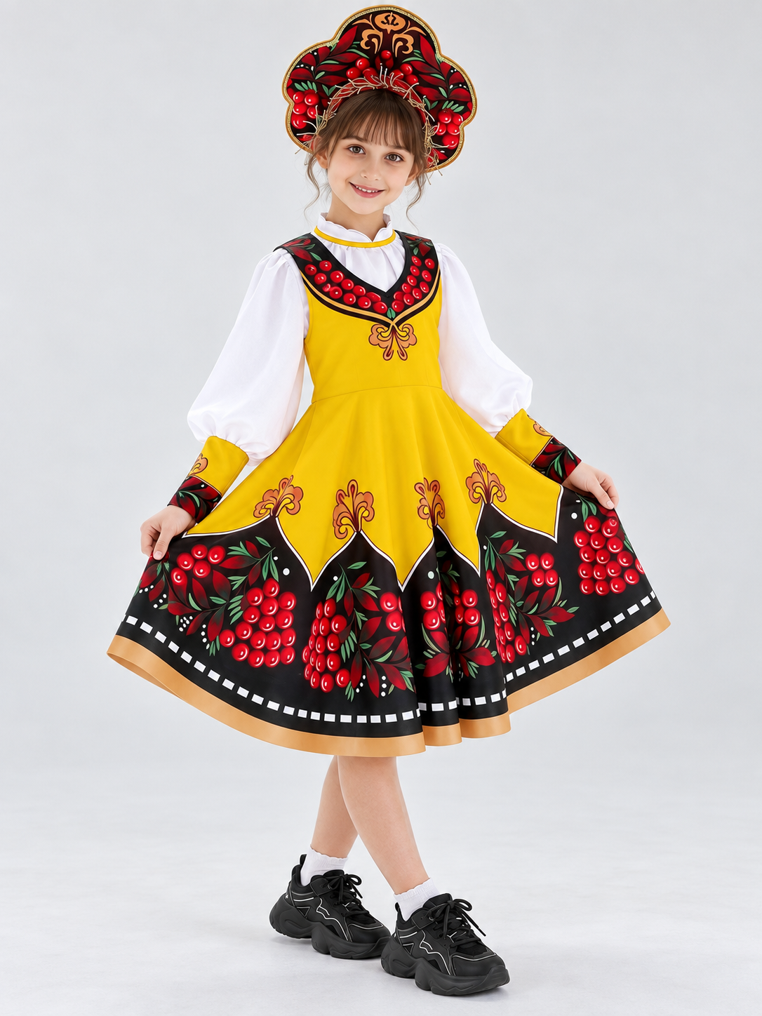 Russian Folk Costume: Yellow Sarafan, Blouse, Kokoshnik