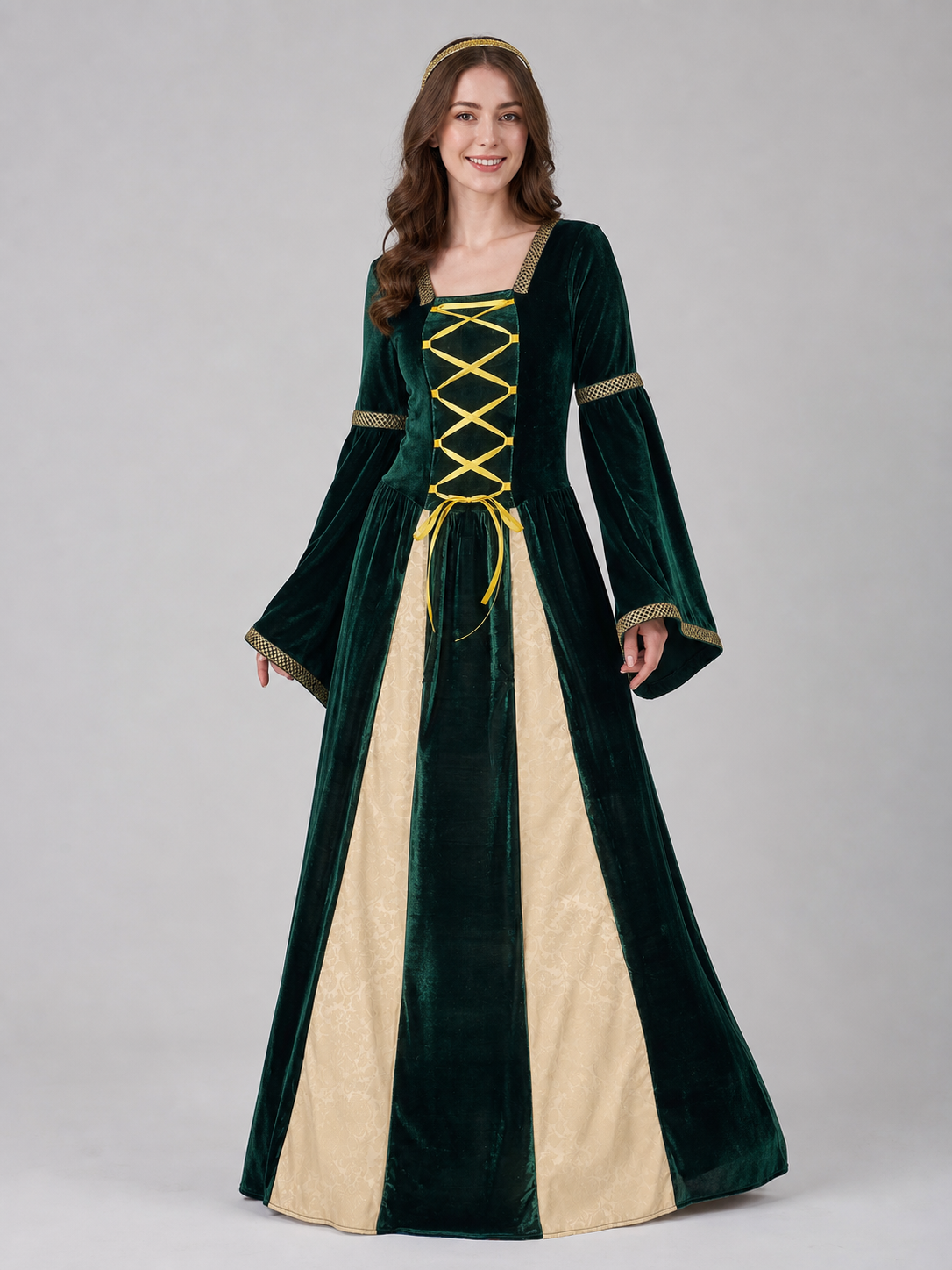 Long Gothic court-style costume dress with flared sleeves and skirt. The design combines deep green, black, cream, and gold tones. The upper section features decorative gold-tone crisscross lacing that accentuates the front. The cream inser