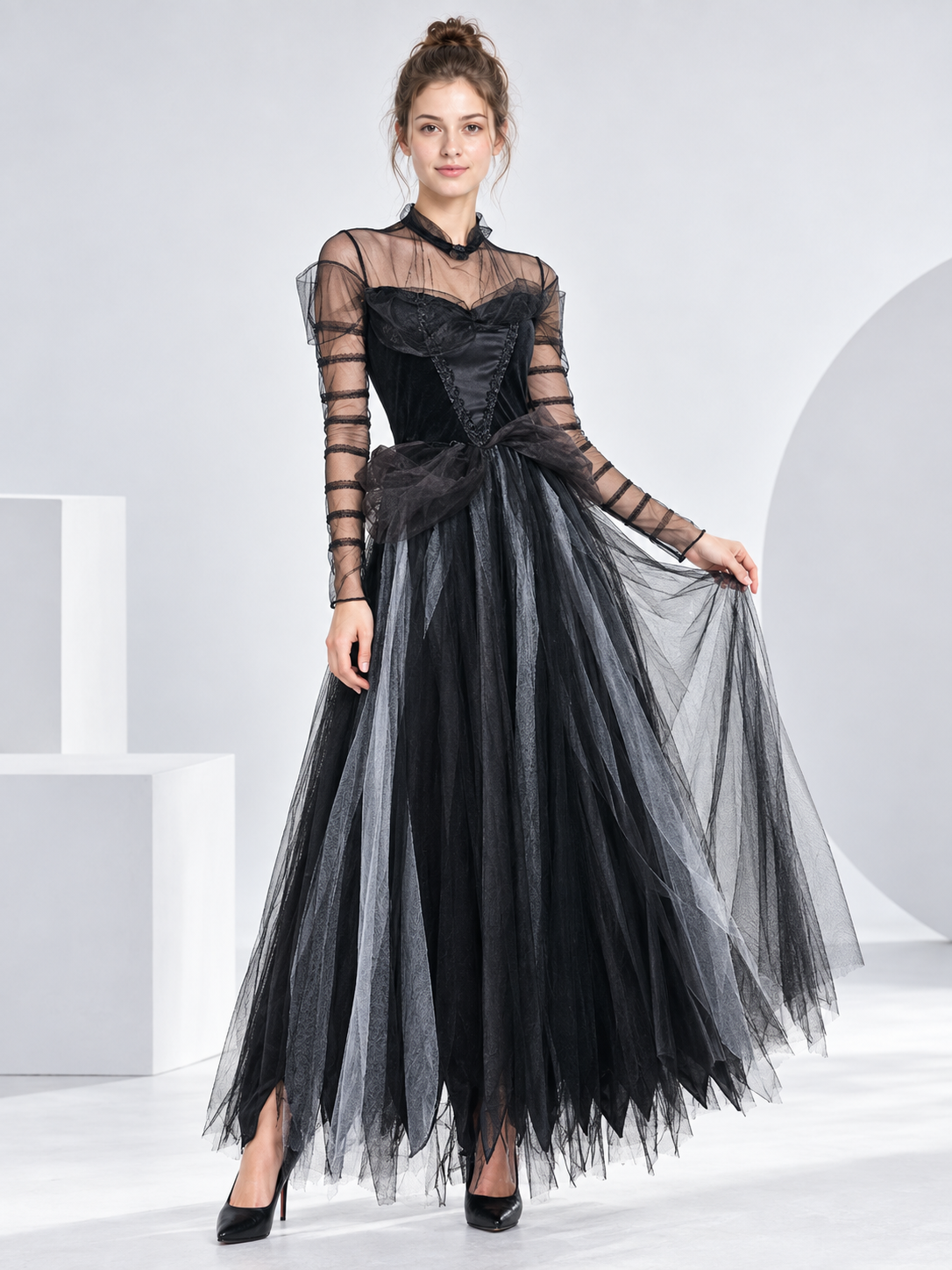 Black carnival dress with corset bodice and bow