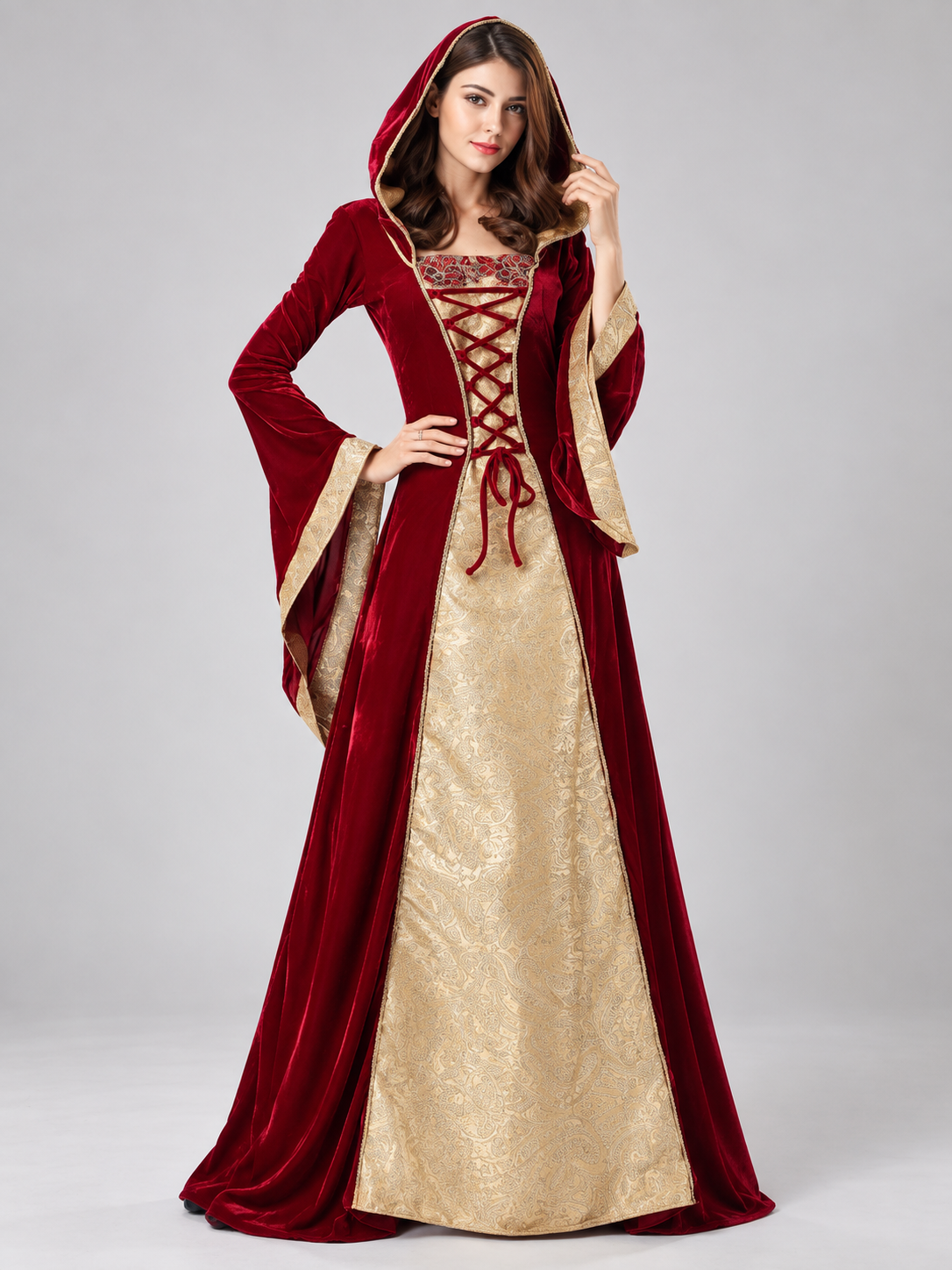 Medieval-Style Dress with Hood and Lacing