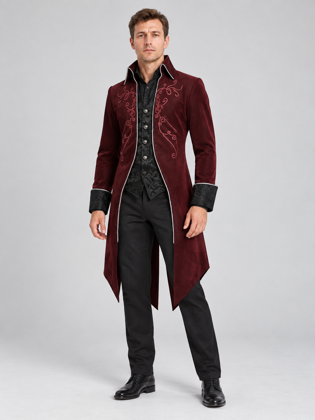 Burgundy Embroidered Vampire Carnival Tailcoat