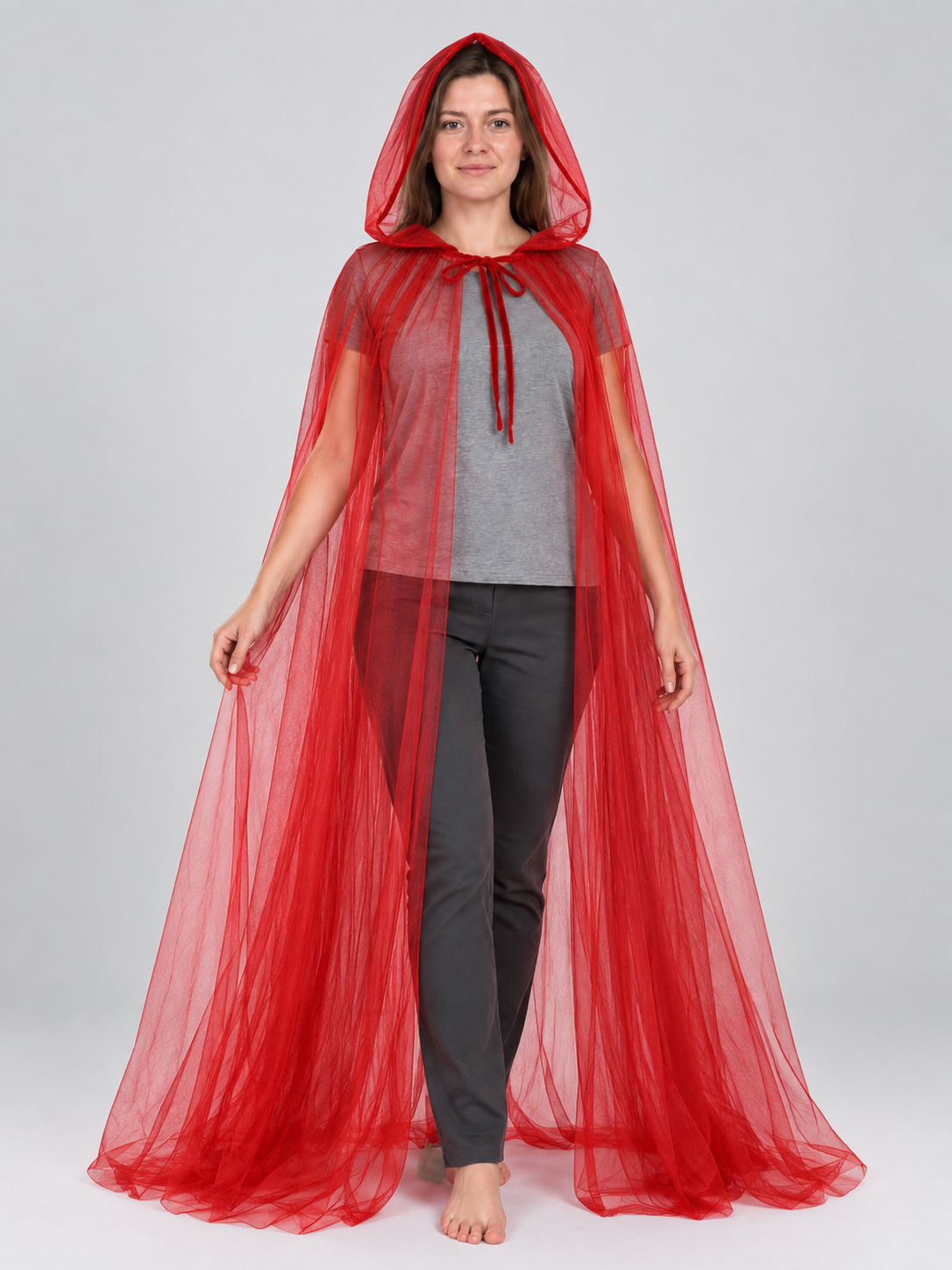 Long red sheer mesh hooded cape cloak