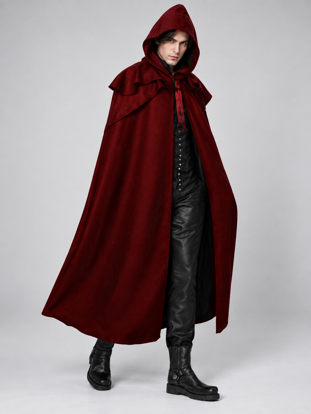 Burgundy hooded cloak with ties