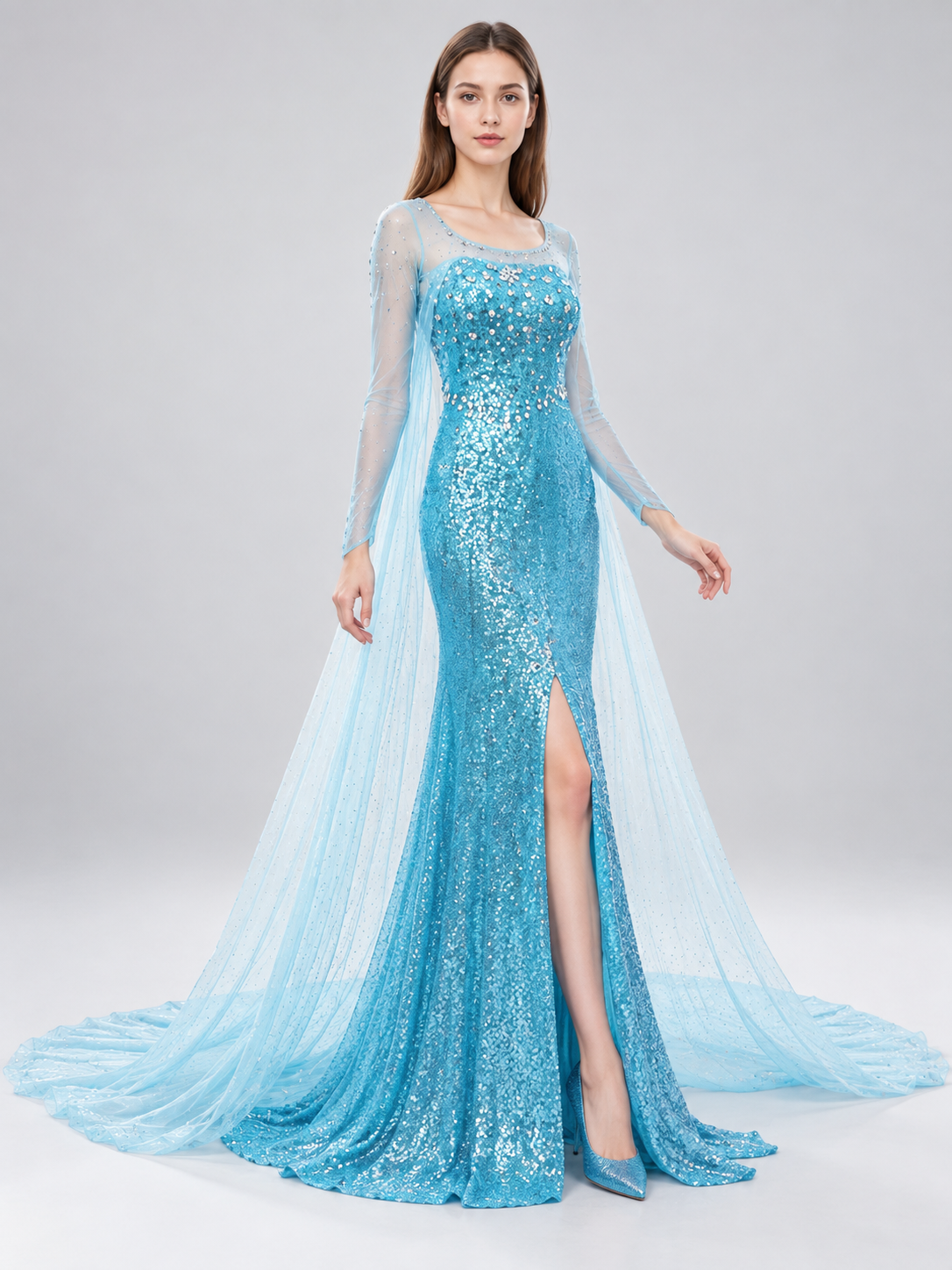 Turquoise Floor-Length Sequin Dress with Train Costume Dresses detail