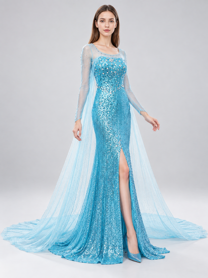 Turquoise Floor-Length Sequin Dress with Train Costume Dresses detail
