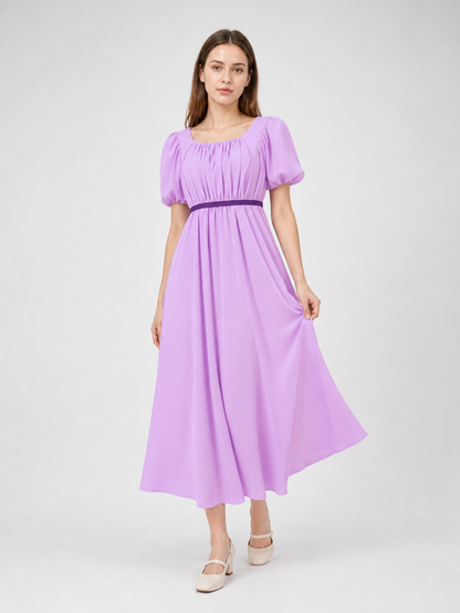 Regency-Style Dress with a Belt and Puff Sleeves