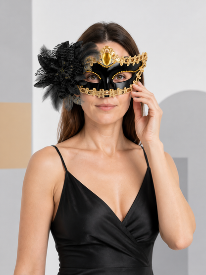 Gold Carnival Mask with Feathers for Halloween Costume Masks detail