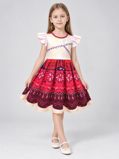 Girls' Dress with Ruffles and Geometric Print